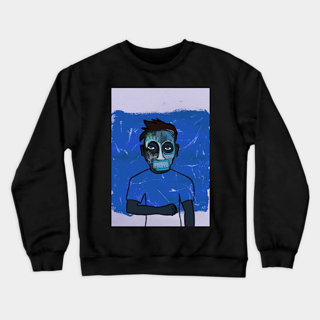 Expressionist Blue Male Character with Street Mask and Blue Eyes Crewneck Sweatshirt by Hashed Art